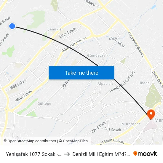 Yenişafak 1077 Sokak - 425 to Denizli Milli Egitim M?d?rl?g? map