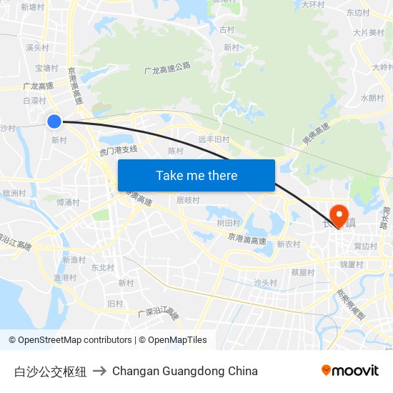 白沙公交枢纽 to Changan Guangdong China map