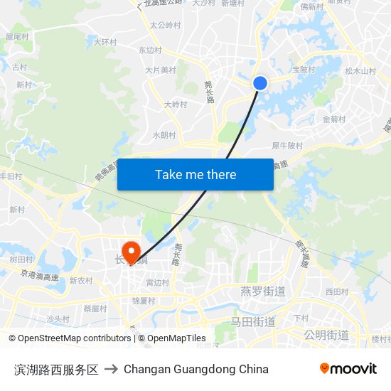 滨湖路西服务区 to Changan Guangdong China map