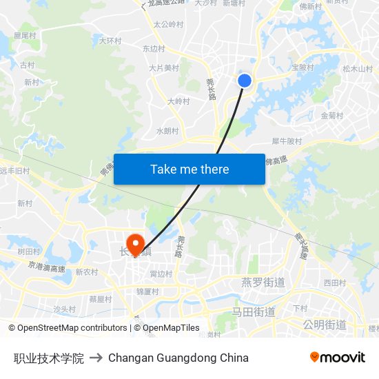 职业技术学院 to Changan Guangdong China map