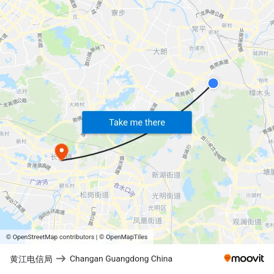 黄江电信局 to Changan Guangdong China map