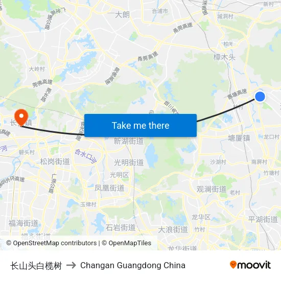 长山头白榄树 to Changan Guangdong China map