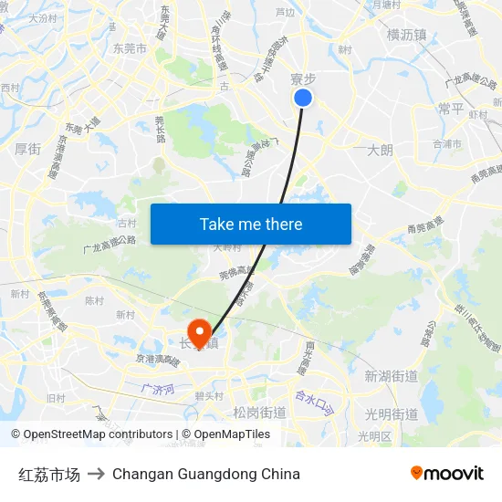 红荔市场 to Changan Guangdong China map