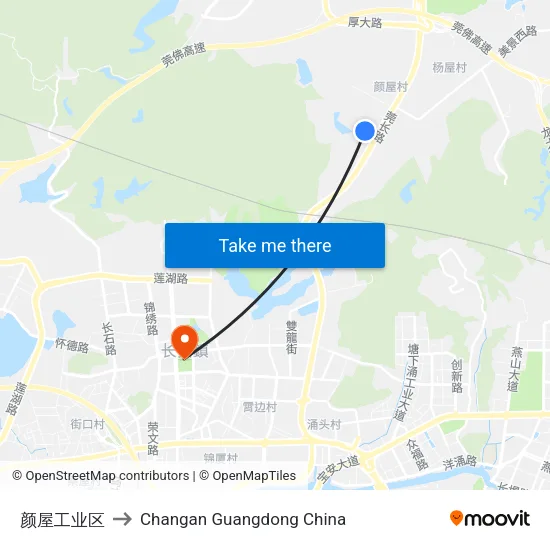 颜屋工业区 to Changan Guangdong China map