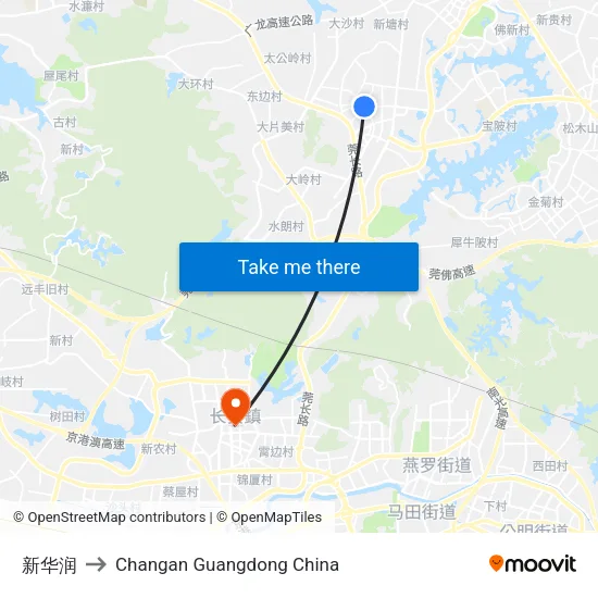 新华润 to Changan Guangdong China map