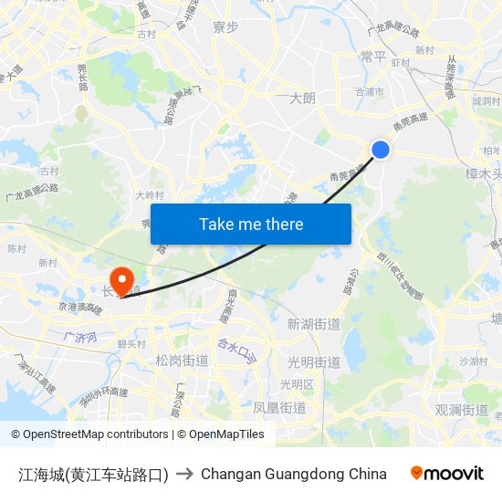 江海城(黄江车站路口) to Changan Guangdong China map