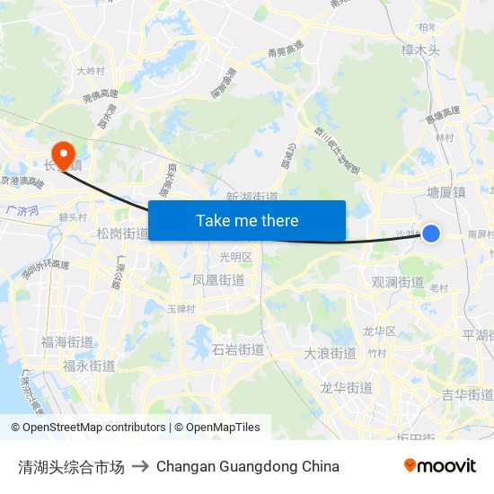 清湖头综合市场 to Changan Guangdong China map