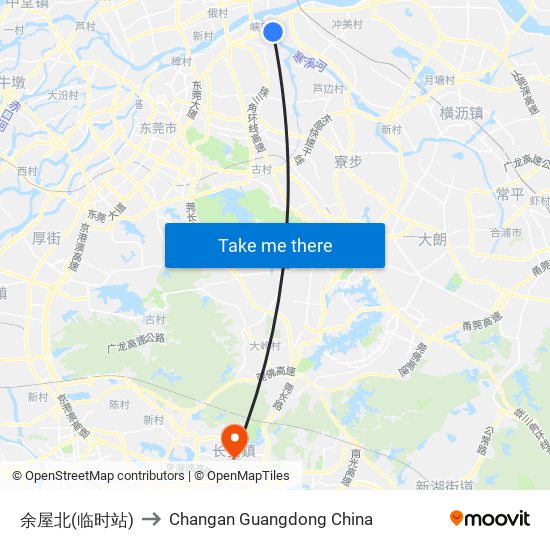 余屋北(临时站) to Changan Guangdong China map