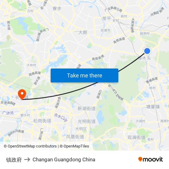 镇政府 to Changan Guangdong China map