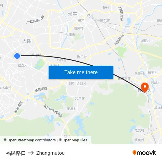 Fumin Road Intersection to Zhangmutou map
