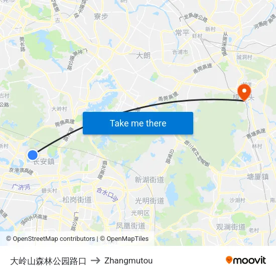 大岭山森林公园路口 to Zhangmutou map