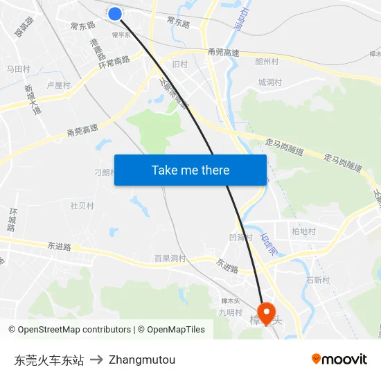 东莞火车东站 to Zhangmutou map