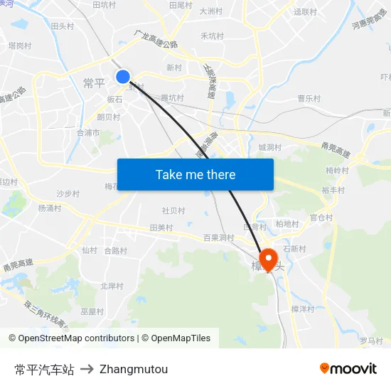 常平汽车站 to Zhangmutou map