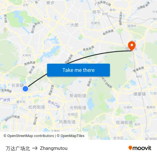 万达广场北 to Zhangmutou map