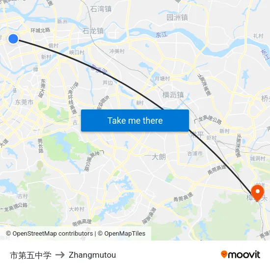 市第五中学 to Zhangmutou map