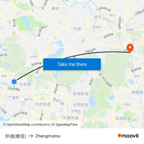 怀德(雅瑶) to Zhangmutou map