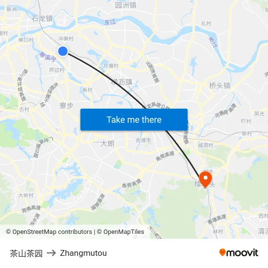 茶山茶园 to Zhangmutou map