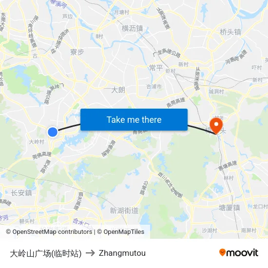 大岭山广场(临时站) to Zhangmutou map