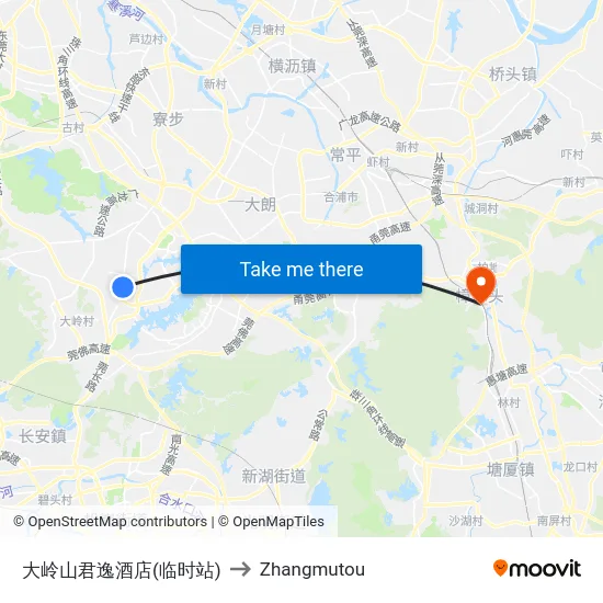 大岭山君逸酒店(临时站) to Zhangmutou map
