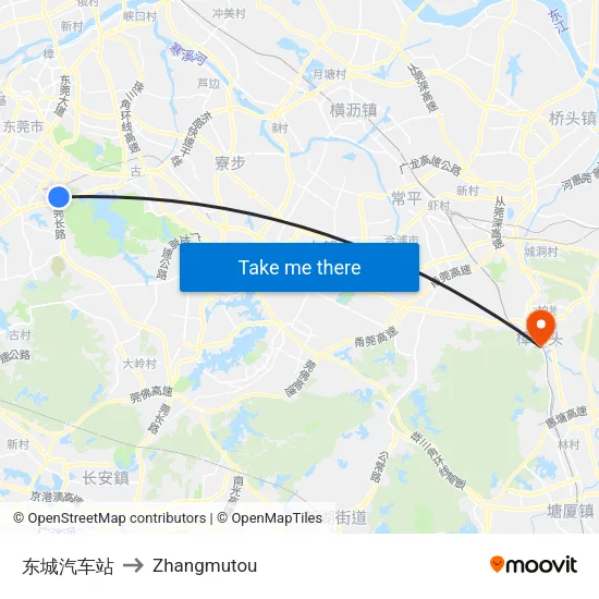 Dongcheng Bus Station to Zhangmutou map