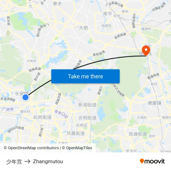 少年宫 to Zhangmutou map