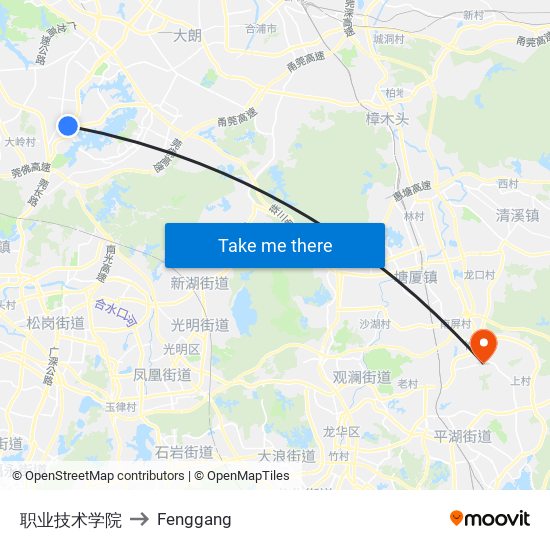 职业技术学院 to Fenggang map