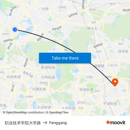 职业技术学院大学路 to Fenggang map