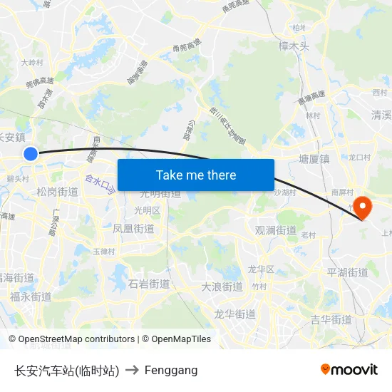 Chang'an Bus Station (Temporary) to Fenggang map