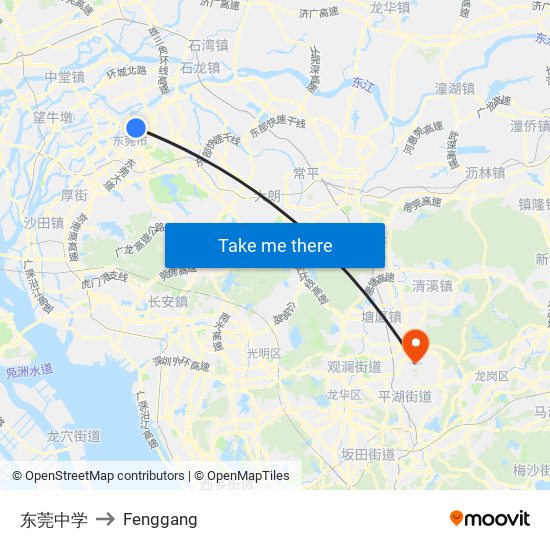 东莞中学 to Fenggang map