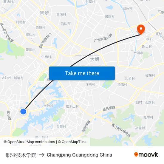 职业技术学院 to Changping Guangdong China map