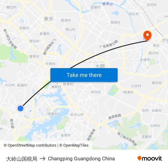 大岭山国税局 to Changping Guangdong China map