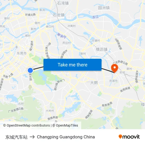Dongcheng Bus Station to Changping Guangdong China map