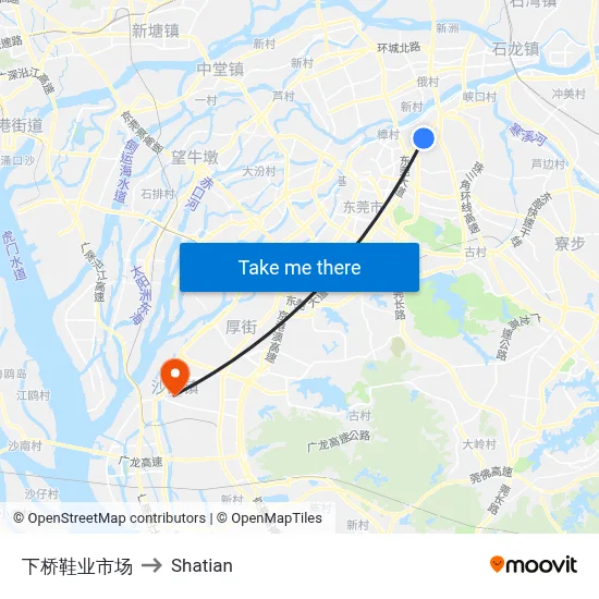 Xiaqiao Shoe Market to Shatian map