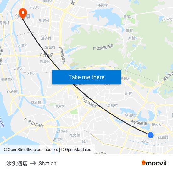 沙头酒店 to Shatian map