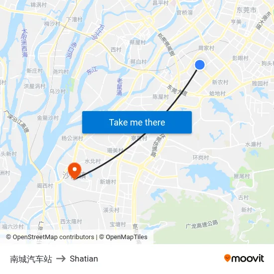 Nancheng Bus Station to Shatian map