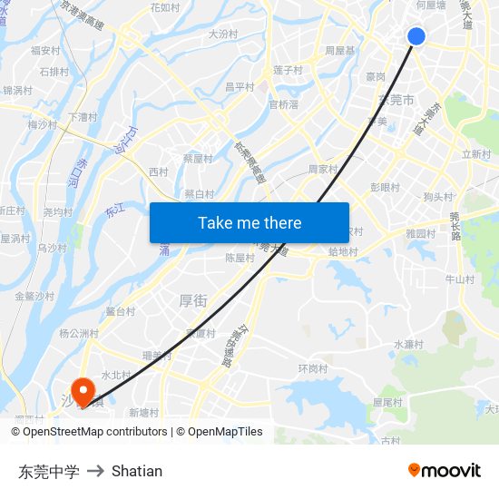 东莞中学 to Shatian map
