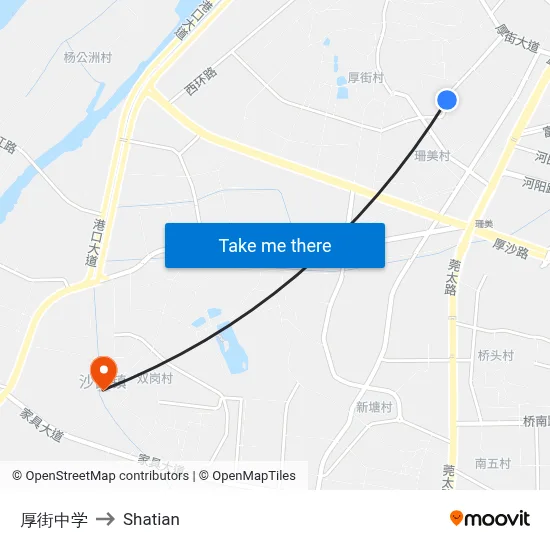 Houjie Middle School to Shatian map