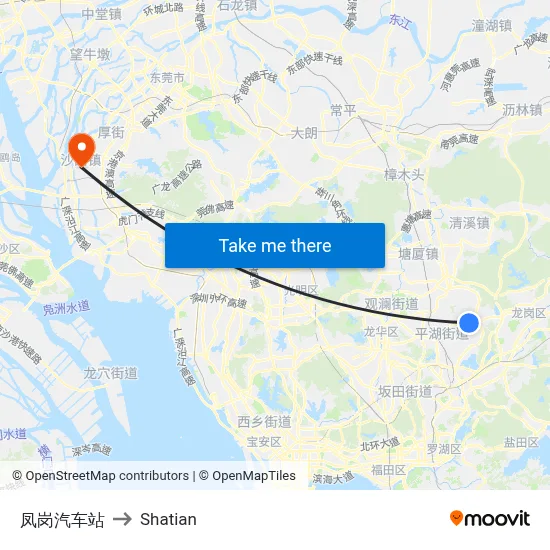 Fenggang Bus Station to Shatian map