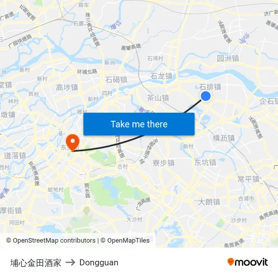 Puxin Jintian Restaurant to Dongguan map