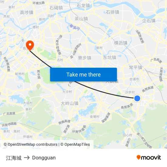 Jianghai City to Dongguan map