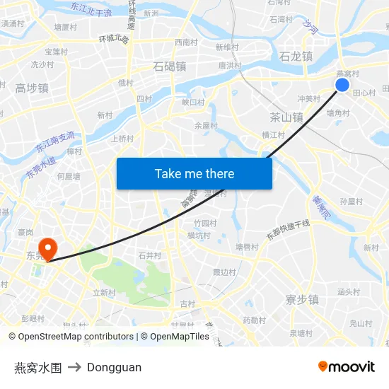 Yanwo Water Village to Dongguan map