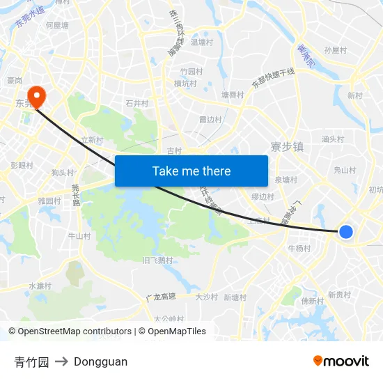 Qingzhu Garden to Dongguan map