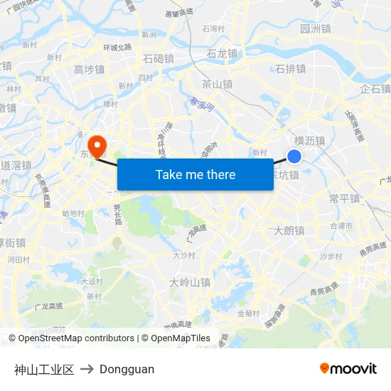 Shenshan Industrial Zone to Dongguan map