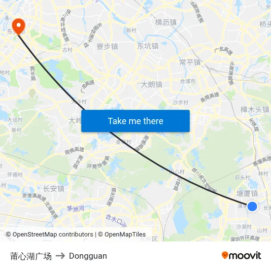 Puxin Lake Square to Dongguan map