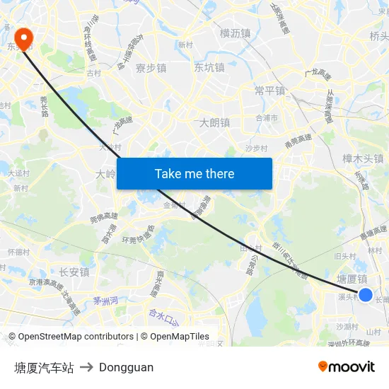 Tangxia Bus Station to Dongguan map