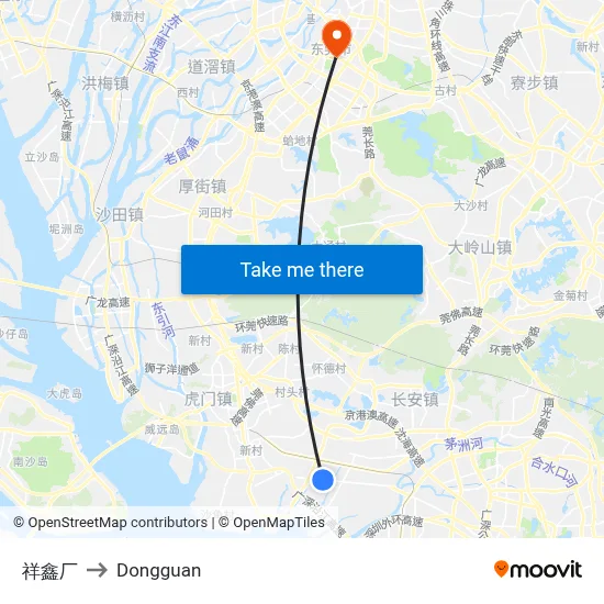 Xiangxin Factory to Dongguan map