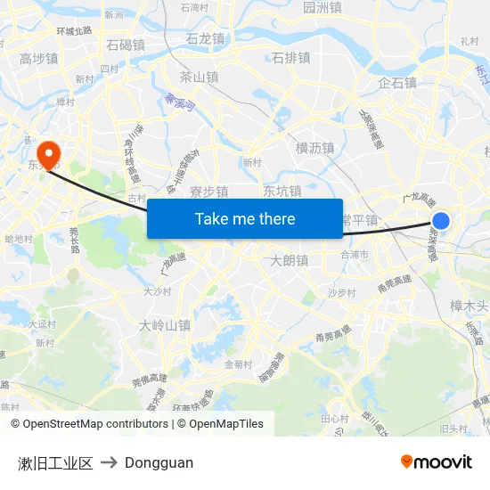 Shujiu Industrial Zone to Dongguan map