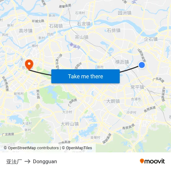 Yafa Factory to Dongguan map