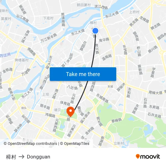 Zhangcun to Dongguan map