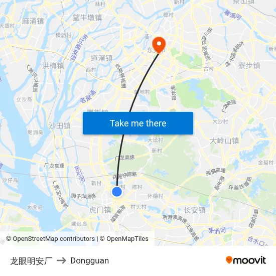 Longyan Mingan Factory to Dongguan map